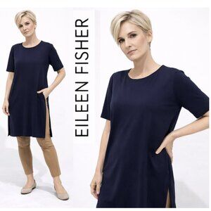 Eileen Fisher Navy Tunic Top Side Slits Short Sleeve Minimalist size Medium